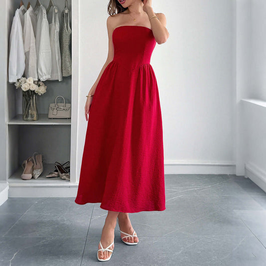 European And American Elegant Tube Top A- Line Dress Dress $48.90 Dana Fashion Color: Black Size: L Women's clothing Product information: Pattern: solid color Skirt type: A- line skirt Color: black, blue, red, white Waist type: high waist Size: S,M,L,XL S