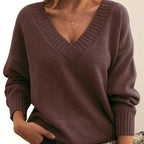 Solid V-neck Sweater Fashion Loose Long-sleeved Knitted Tops Autumn And Winter Women's Clothing - DanaFashionstore
