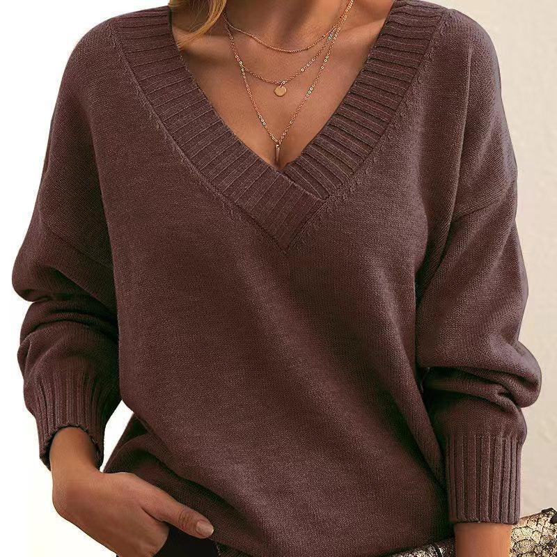 Solid V-neck Sweater Fashion Loose Long-sleeved Knitted Tops Autumn And Winter Women's Clothing - DanaFashionstore