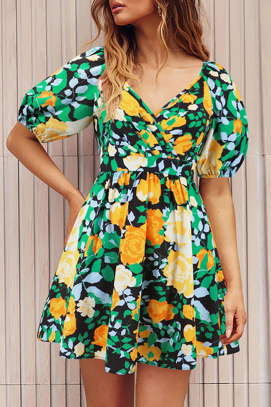 Flowers Print V-Neck Lantern-sleeve Dress Y2K Summer Vacation Beach Short Dresses Fashion Womens Clothing