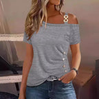 Simplicity Short-sleeved Metal Buckle Printed Top T-shirt - DanaFashionstore