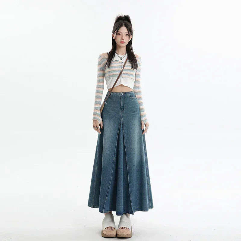 American Style Retro Big Swing Denim Spring New High Waist A- Line Slimming Mid-length Skirt - DanaFashionstore
