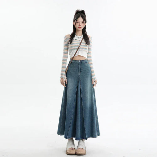 American Style Retro Big Swing Denim Spring New High Waist A- Line Slimming Mid-length Skirt - DanaFashionstore