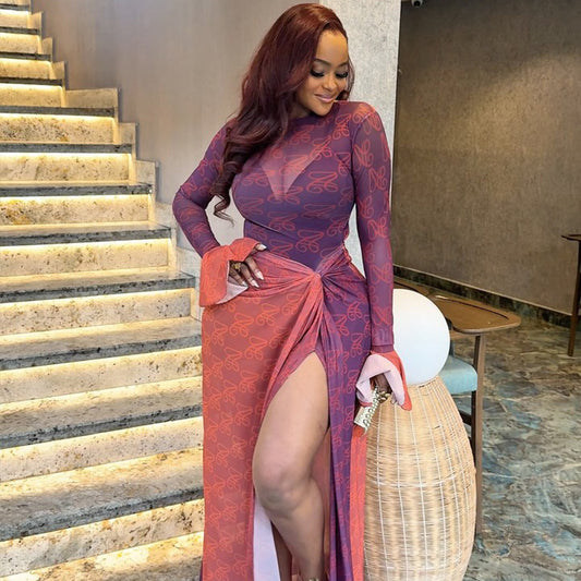 Women's Lightweight Sheer High-Low Skirt Round Neck Ruffled Long Sleeve Dress