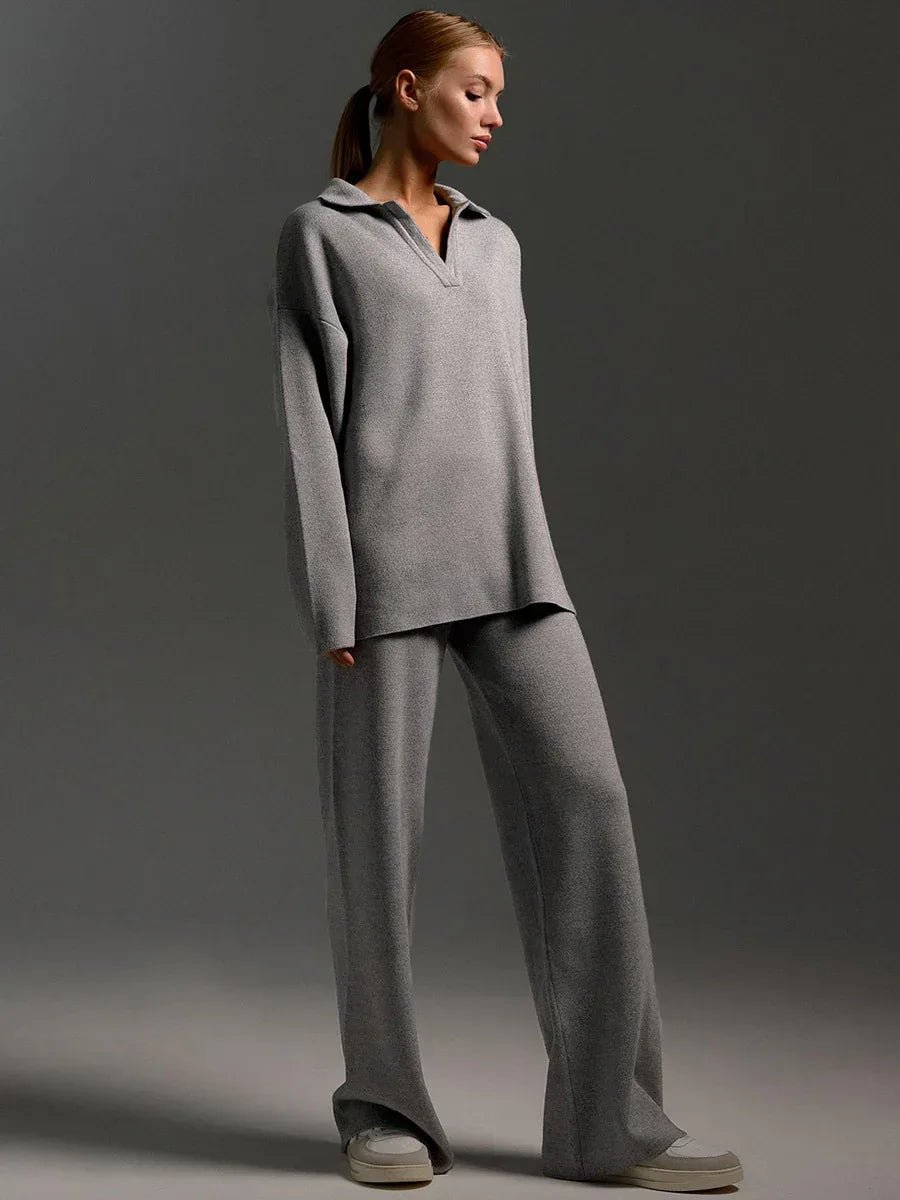 Women's Sweatshirt Suit Casual Collared Long-Sleeved Pullover Top And Loose Straight-Leg Pants Fashion Sport Trousers Set - DanaFashionstore