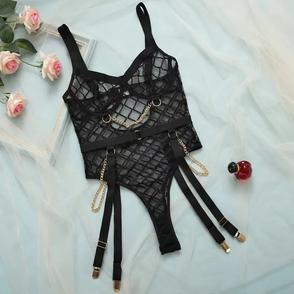 One-piece Lingerie One Piece Dropshipping Metal Chain Grid Passion Sexy Tight Underwear - DanaFashionstore