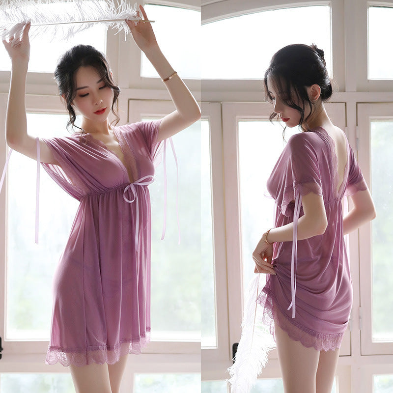 Nuisette Sexy V-Neck Woman Backless Night Wear Silk Sleepshirts Night Dress Sleepwear Nightgown Night Wear Summer Sexy Lingerie - Dana Fashion