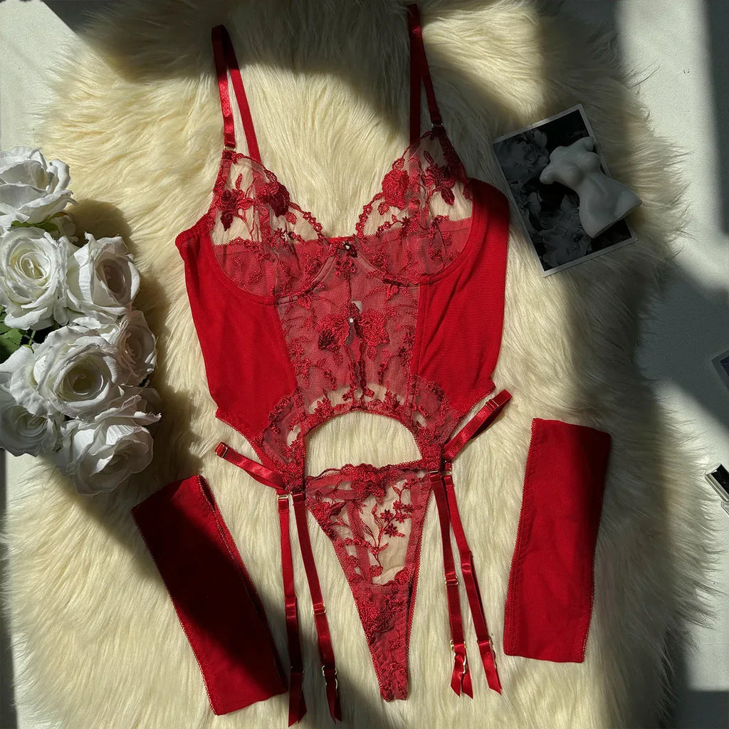 Three-point European And American Style Underwear Mesh Embroidery See-through Suit - DanaFashionstore