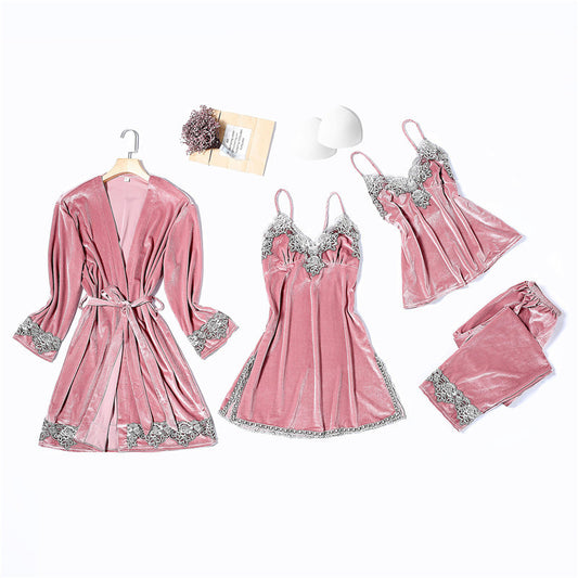 Gold Velvet Pajamas Four-piece Set Suspender Trousers Nightgown Sexy Home Wear Women's Pajama Suit - Dana Fashion