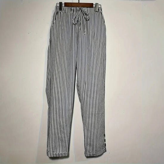 Women's Striped Elastic Waist Pants - Button Accent With Pockets, Casual Comfort Trousers For Spring&Fall - Dana Fashion