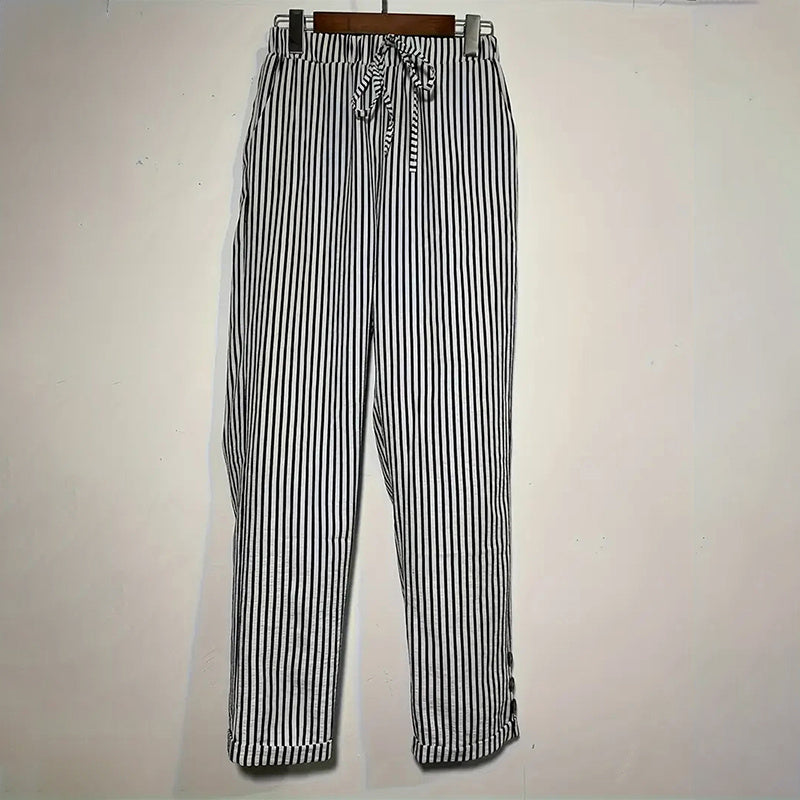 Women's Striped Elastic Waist Pants - Button Accent With Pockets, Casual Comfort Trousers For Spring&Fall - Dana Fashion