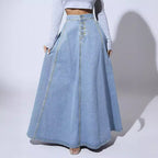 Retro Style Fashionable Large Swing Design Single-breasted Denim Skirt