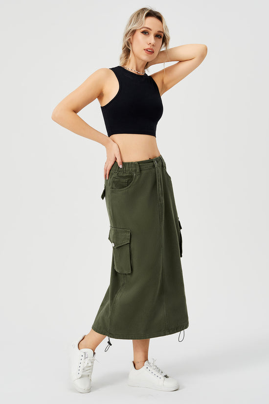 Women's Cargo Long Skirt Casual Streetwear Loose High Waist Front Split Maxi Skirt With Pocket Women's Cargo Long Skirts High Waisted Pencil Skirt Midi Length Jean Skirt With Cargo Pockets