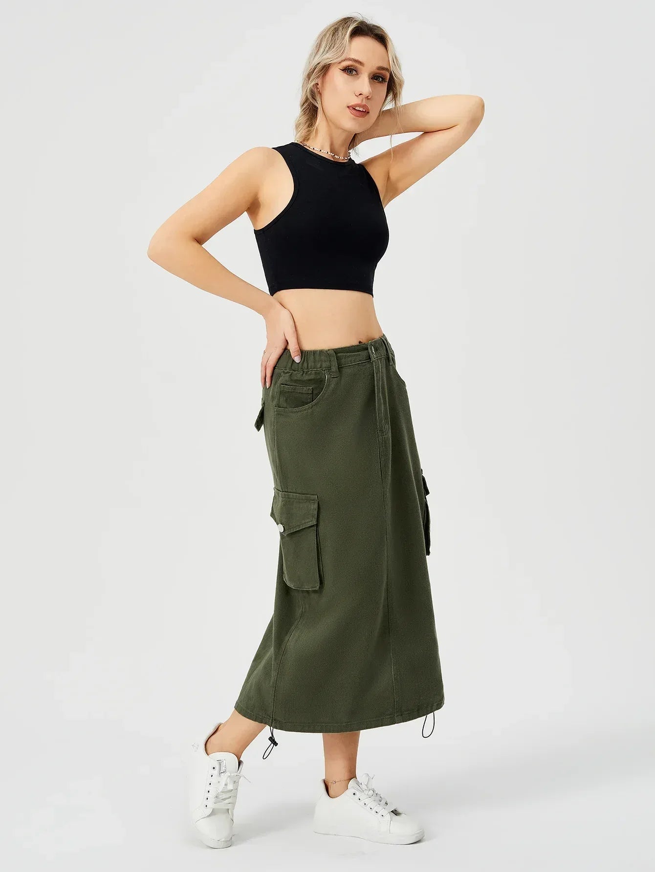 Women's Cargo Long Skirt Casual Streetwear Loose High Waist Front Split Maxi Skirt With Pocket Women's Cargo Long Skirts High Waisted Pencil Skirt Midi Length Jean Skirt With Cargo Pockets - DanaFashionstore