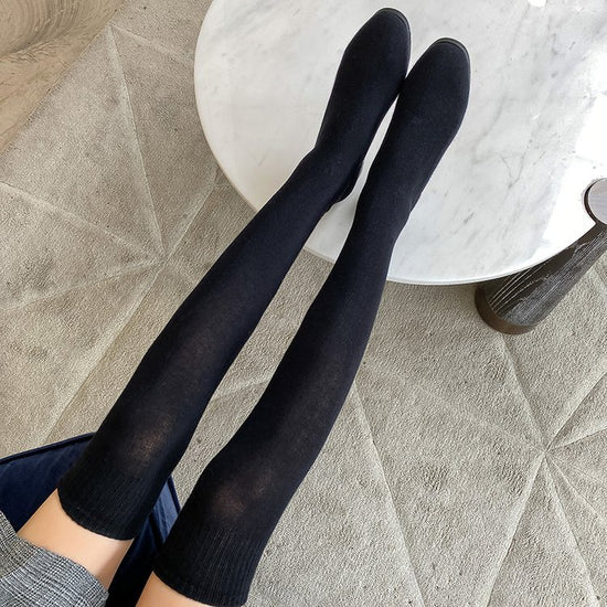 Womens Thigh High Stretch  Breathable Pointed Toe Rhinestone Thick Heel Knitting Sock Boots