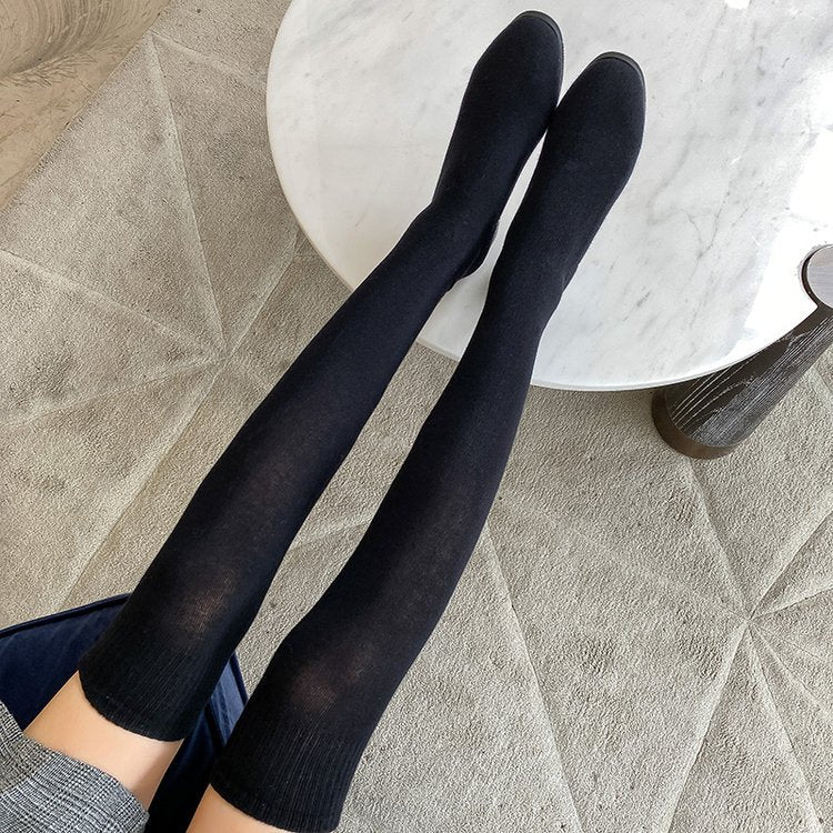 Womens Thigh High Stretch  Breathable Pointed Toe Rhinestone Thick Heel Knitting Sock Boots