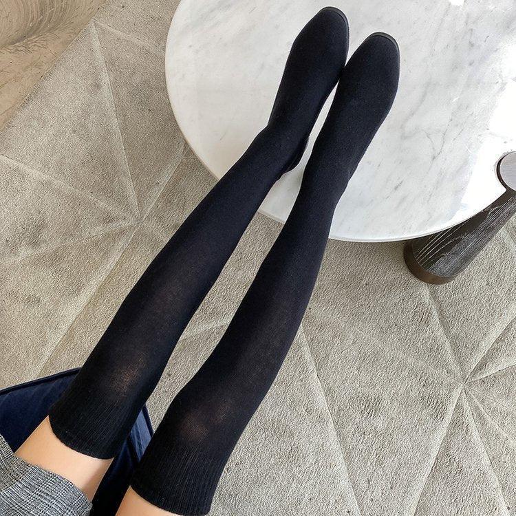 Womens Thigh High Stretch Breathable Pointed Toe Rhinestone Thick Heel Knitting Sock Boots - DanaFashionstore