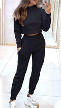 Stand Collar Sports Suit Fashion Pullover Long-sleeves Short Top And Slim Trousers With Pockets Solid Outfits Women's Clothing - DanaFashionstore