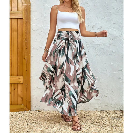 Women's High Elastic Waist Midi Skirt Casual Summer Trendy Tie Front Flowy Floral Print Beach Long Skirt - Dana Fashion