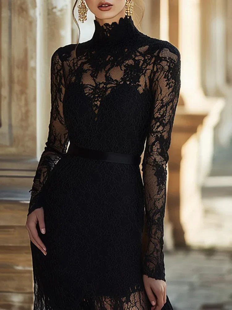 Women's Solid-color Hollow-out Vintage Stand-collar Long-sleeve Lace Maxi Dress With A Fitted Waist - DanaFashionstore