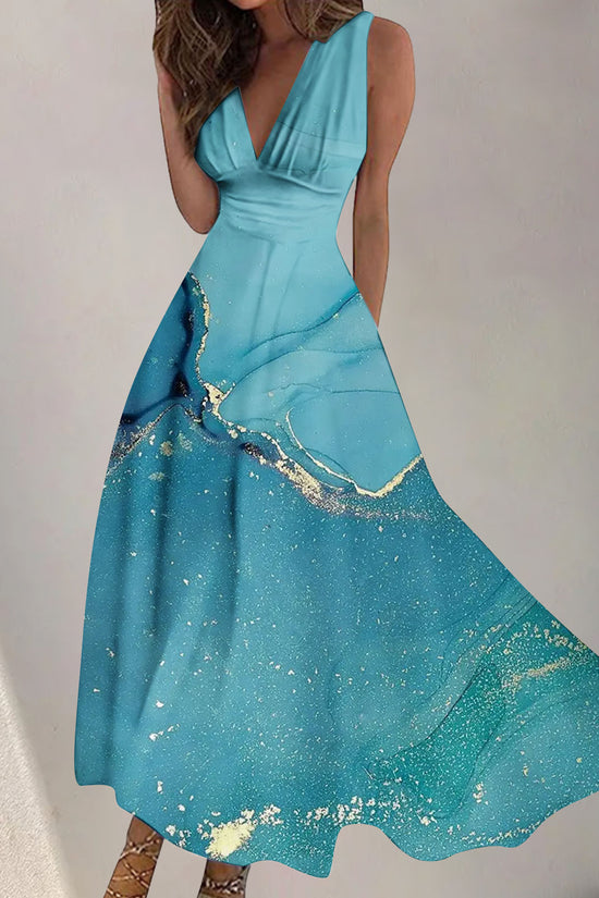 Women's Digital Printing Fashion V-neck Swing Long Dress