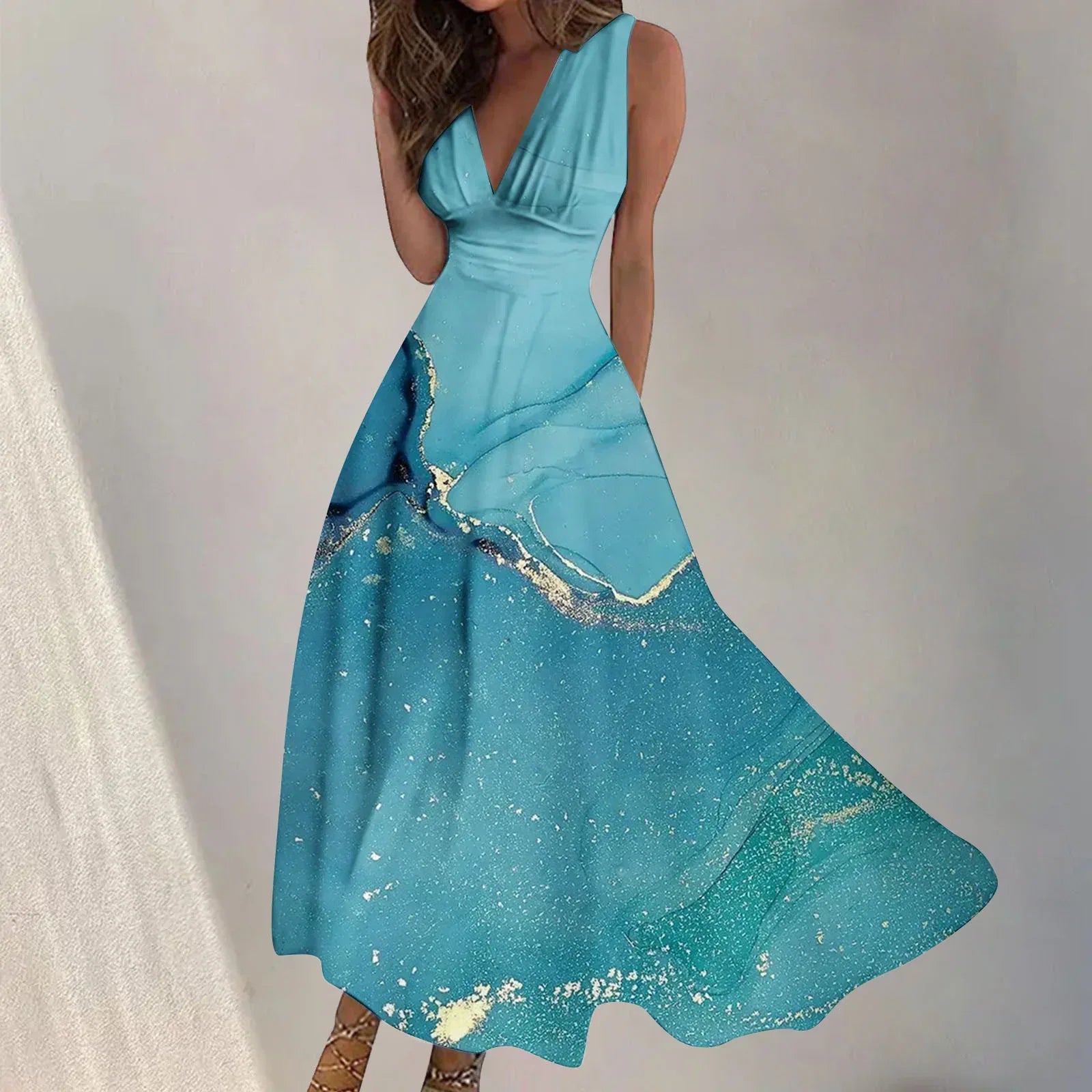 Digital Print V-Neck Swing Dress 2026 - Fashion Long Dress - DanaFashionstore