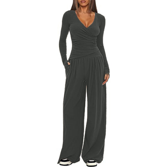 2 Pieces Women's V Neck Long-sleeve Sportswear Top And Wide-leg Pants Set Casual Comfortable Outfit Set For Daily Wear Gym Sports Outfit