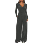 2 Pieces Women's V Neck Long-sleeve Sportswear Top And Wide-leg Pants Set Casual Comfortable Outfit Set For Daily Wear Gym Sports Outfit