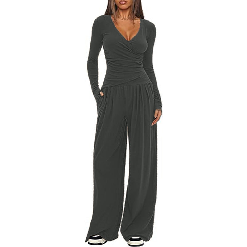 2 Pieces Women's V Neck Long-sleeve Sportswear Top And Wide-leg Pants Set Casual Comfortable Outfit Set For Daily Wear Gym Sports Outfit