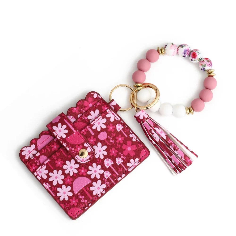 Love Polyurethane Card Holder Silica Gel Key Chain European And American Printed Silicone Beads Bracelet Women's Wallet - DanaFashionstore