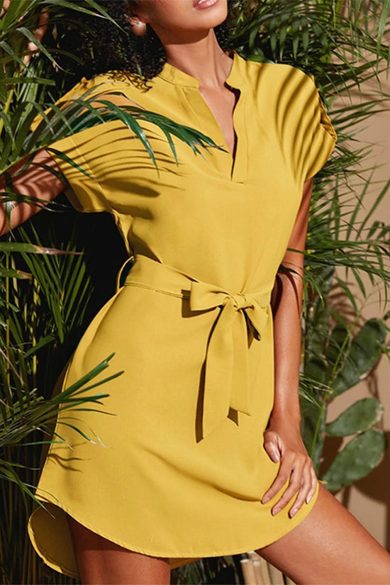 V-neck Short Sleeve Dress With Belt Summer Fashion Bowknot Dresses For Women Clothing