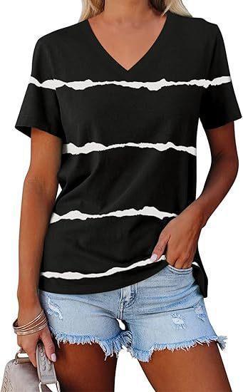 Casual Top Fashion Trend Stripes Short Sleeve Women V-neck - DanaFashionstore