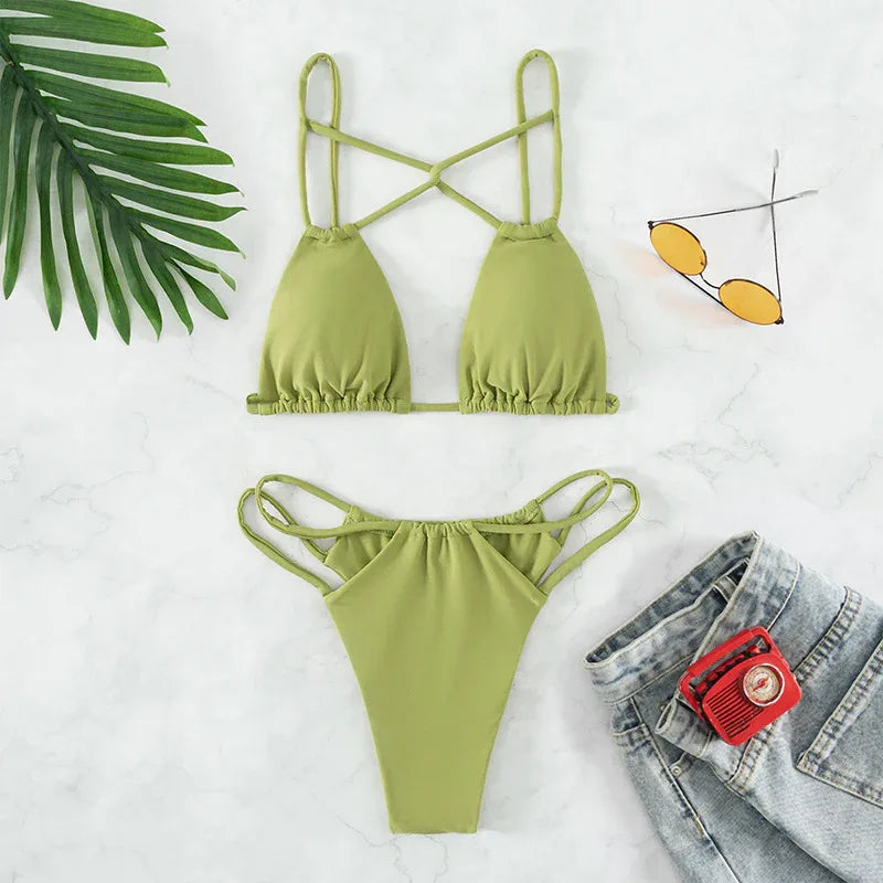 Women's Bikini Swimwear Solid Color Double Layer Fabric Split - DanaFashionstore