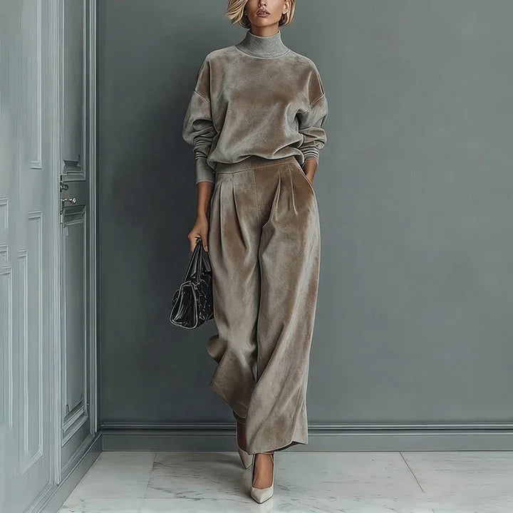 Casual Warm Velour Long-sleeved Solid Color High-neck Zipper Wide-leg Sportswear - DanaFashionstore