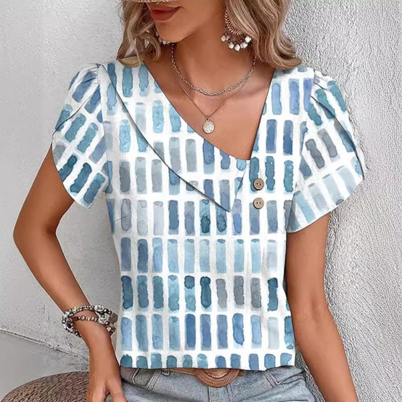 Casual Diagonal Collar Short-sleeved T-shirt