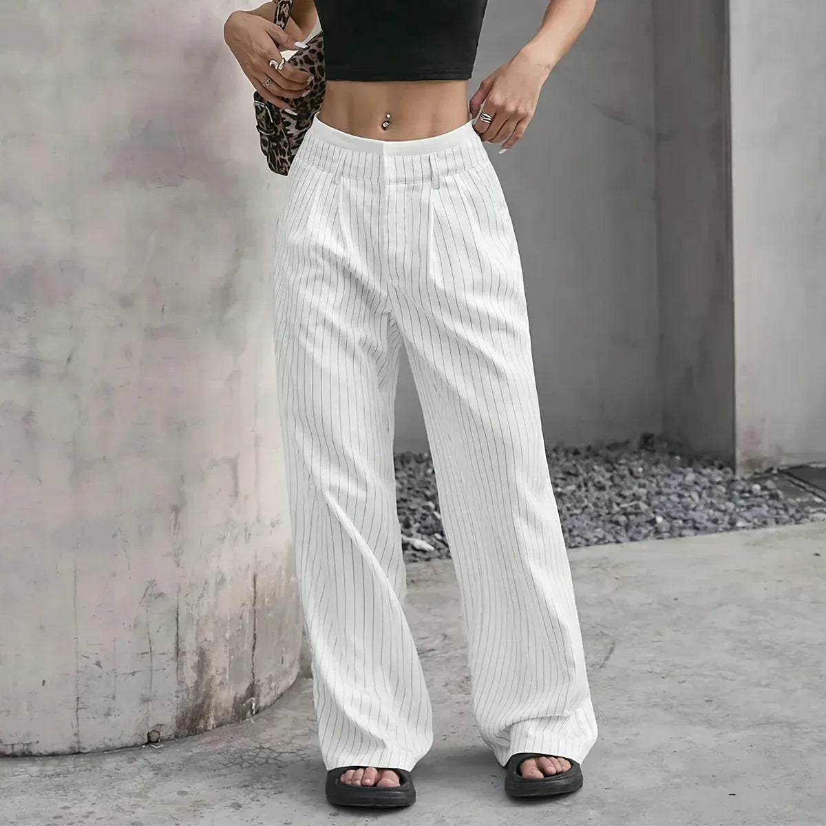 Stripe Printed Trousers Fashion High Waist Straight Leg Pants With Pocket Zipper Casual Suit Pants For Women - DanaFashionstore