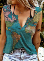 Map Print V-Neck Short-Sleeved T-Shirt - DanaFashionstore