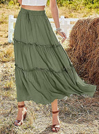 Women's Elastic High Waist A-Line Pleated Casual Maxi Dress