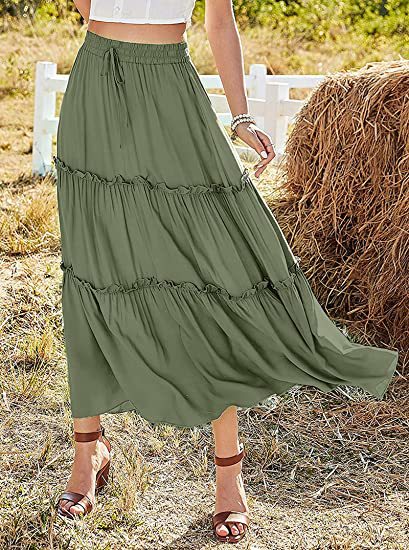 Women's Elastic High Waist A-Line Pleated Casual Maxi Dress