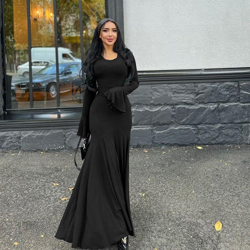 Round Neck Scarf Detail Long Sleeve Maxi Dress - Elegant Casual Dress 2026 - DanaFashionstore