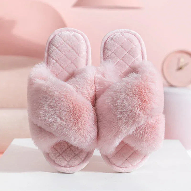 Cross-strap Furry Slippers Warm House Shoes For Women Winter Casual Flip Flops Fluffy Shoes Slides Soft Plush Home Indoor Slippers - DanaFashionstore
