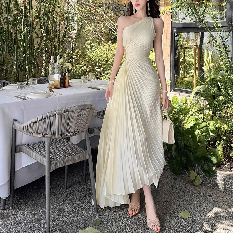 Spring Slant-Shoulder Defined-Waist Chiffon Elegant French-Style Dress For Women