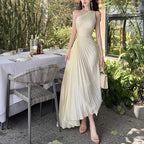 Spring Slant-Shoulder Defined-Waist Chiffon Elegant French-Style Dress For Women