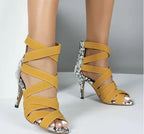 High heels with cross ties snake pattern thin High Heels Sandals - DanaFashionstore