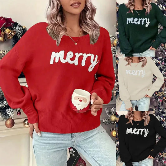 Knitted Women Crew Neck Sweater Loose Pullover Female Jumper Elegant Spring Warm Spring New Year Trendy Christmas Sweater - DanaFashionstore