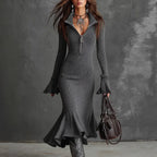 Pleated-collar Flared-sleeve Knitted Mermaid Skirt - DanaFashionstore