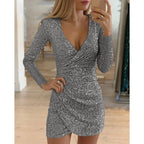 V-Neck Irregular Hem Dress Women 2026 - Long Sleeve Hip Dress - DanaFashionstore