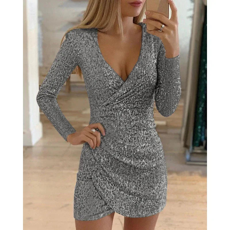 V-Neck Irregular Hem Dress Women 2026 - Long Sleeve Hip Dress - DanaFashionstore
