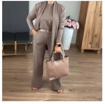 Round Neck Long Sleeve Top Belt Comfortable Blouse And Pants - DanaFashionstore