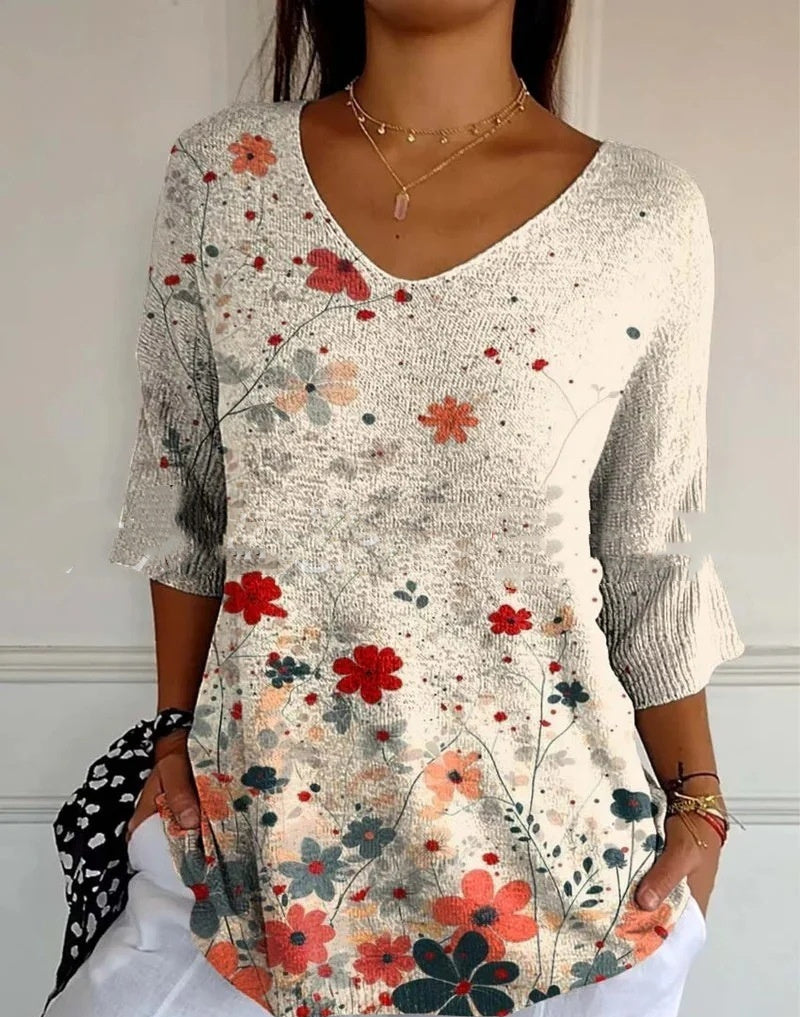 New Fashion Casual V-neck 3D Printed Geometric Pattern Half Sleeve T-shirt Top For Women